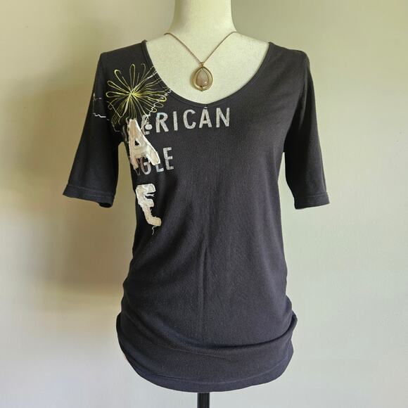 American Eagle T-Shirt Womens L Black Graphic Y2K Embroidered Logo Preppy - Picture 1 of 10